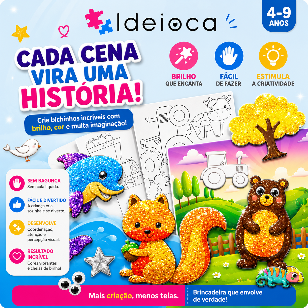 Kit Criativo Mundo dos Animais Brilhantes Ideioca - 4+ anos