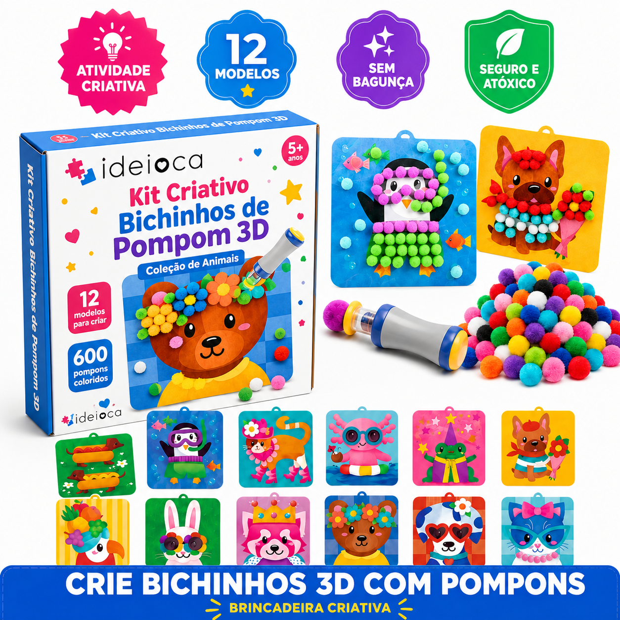 Kit Criativo Bichinhos de Pompom 3D Ideioca
