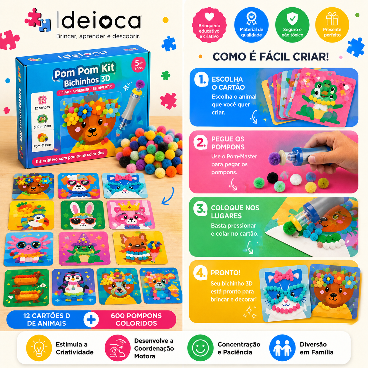 Kit Criativo Bichinhos de Pompom 3D Ideioca