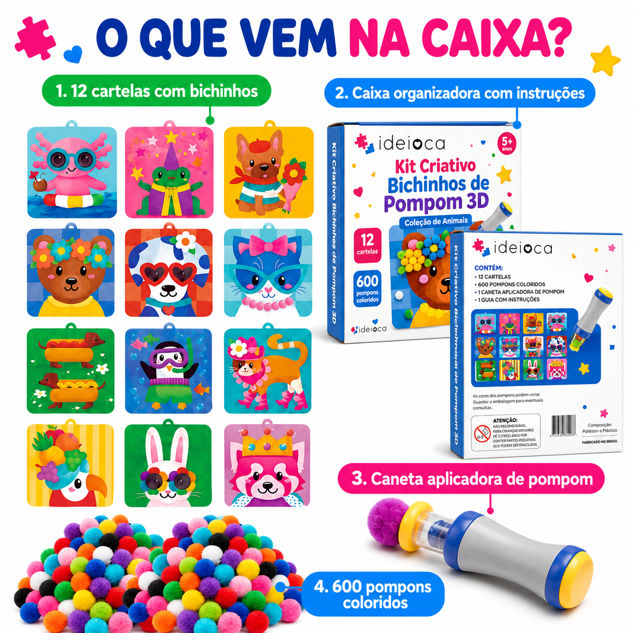 Kit Criativo Bichinhos de Pompom 3D Ideioca