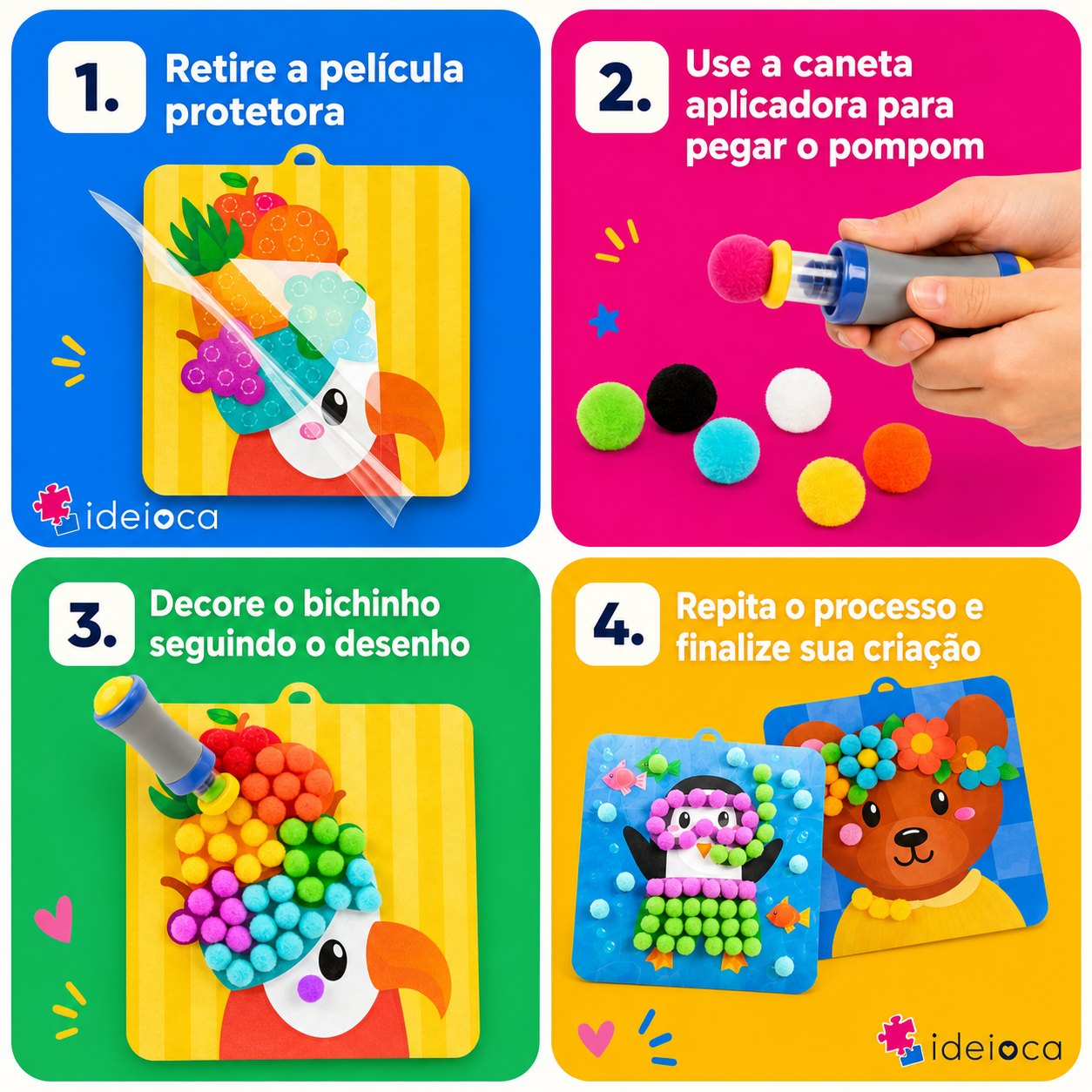 Kit Criativo Bichinhos de Pompom 3D Ideioca